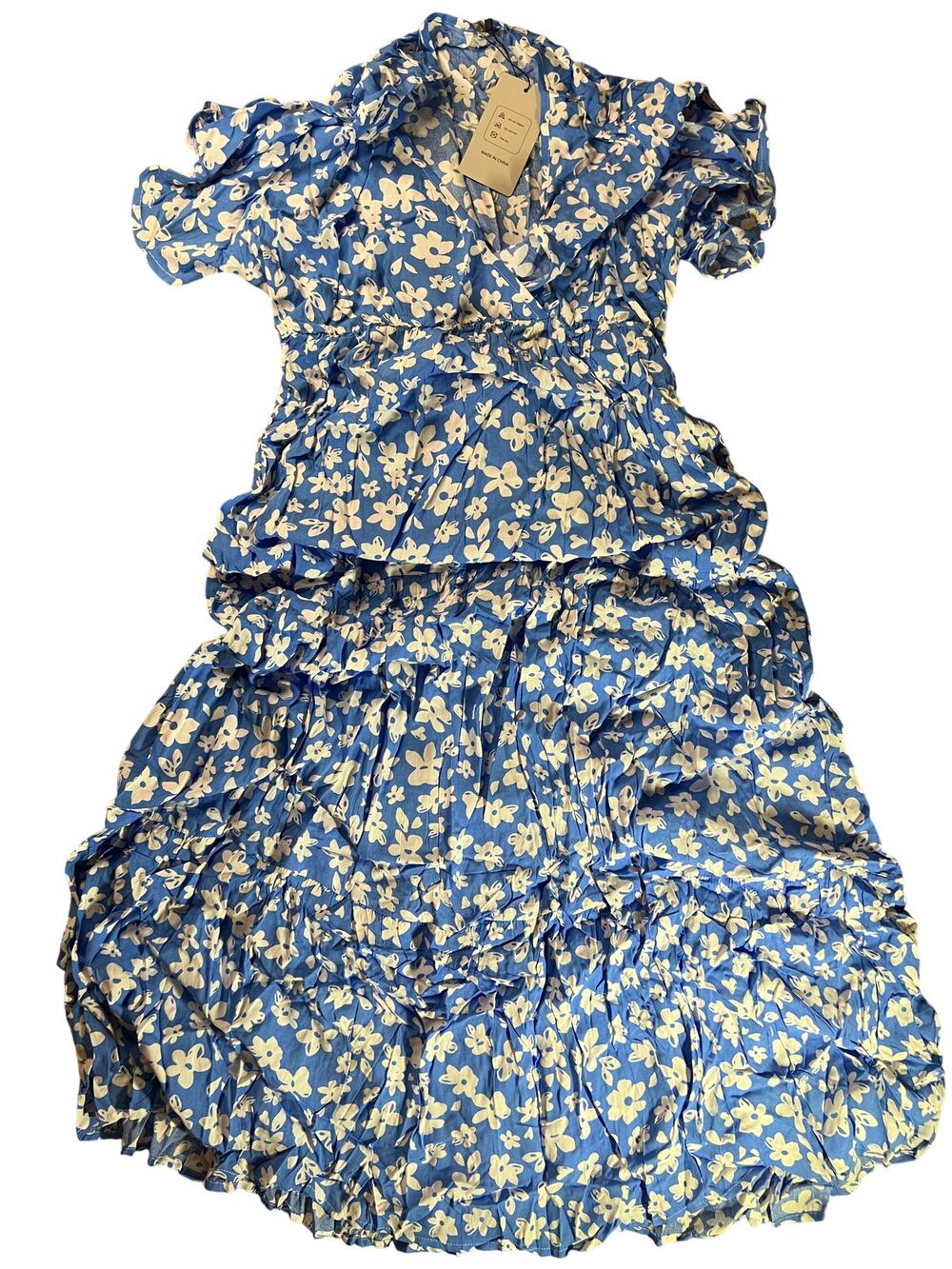 Blue white floral-printed short puff sleeves tiered ruffle Midi Dress 2XL